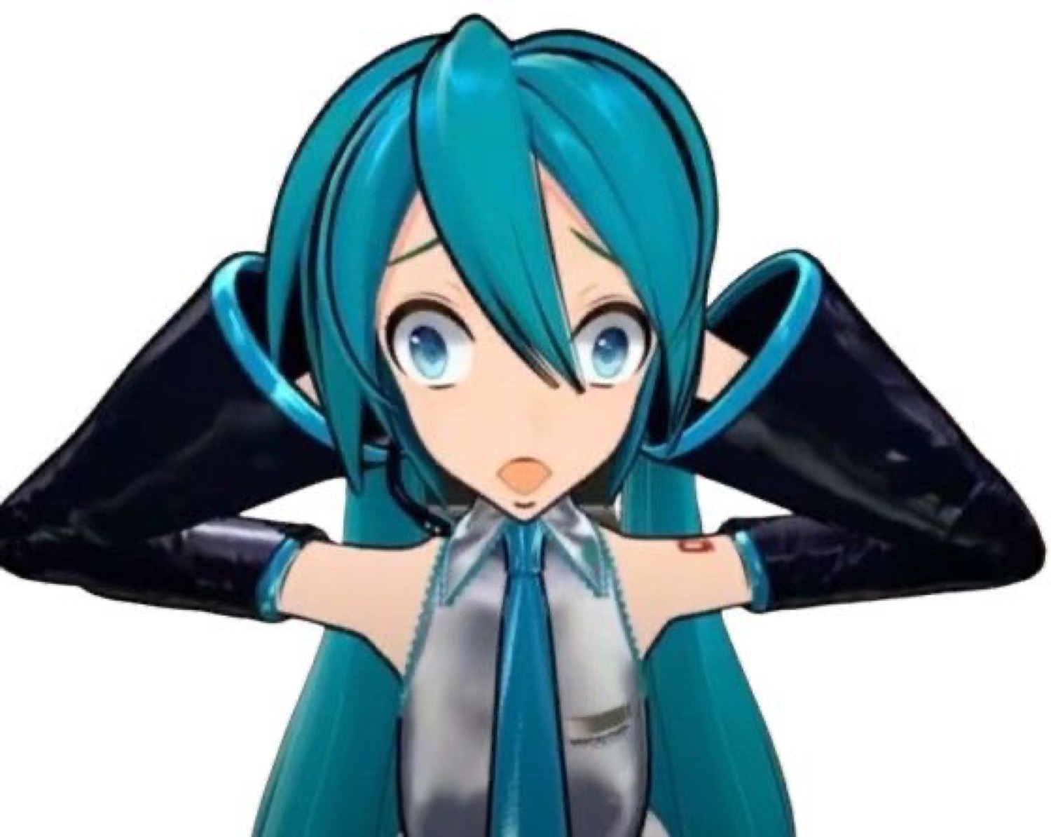 Hatsune Miku 3D model wide-eyed with hands raised in surprise or alarm