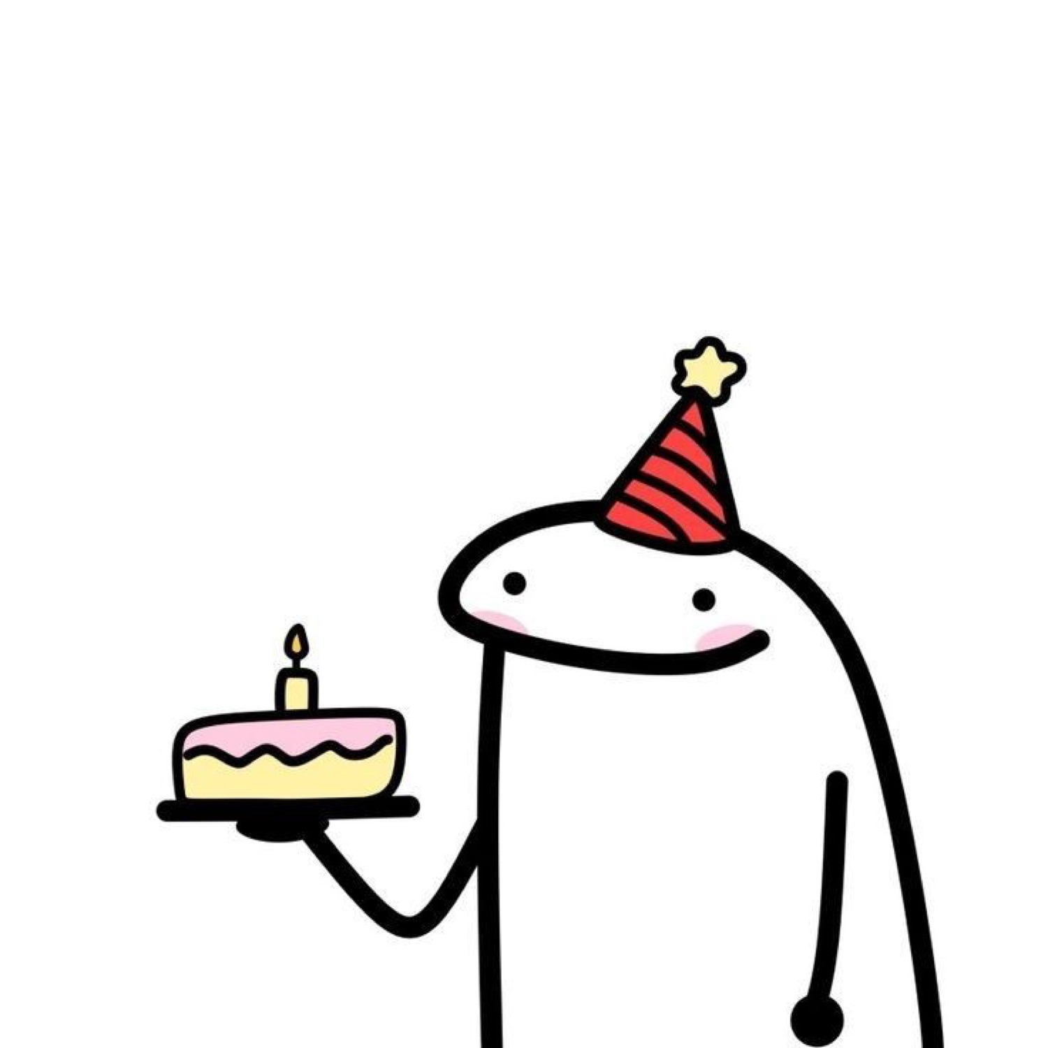 Simple doodle blob in a party hat holding out a birthday cake with one candle