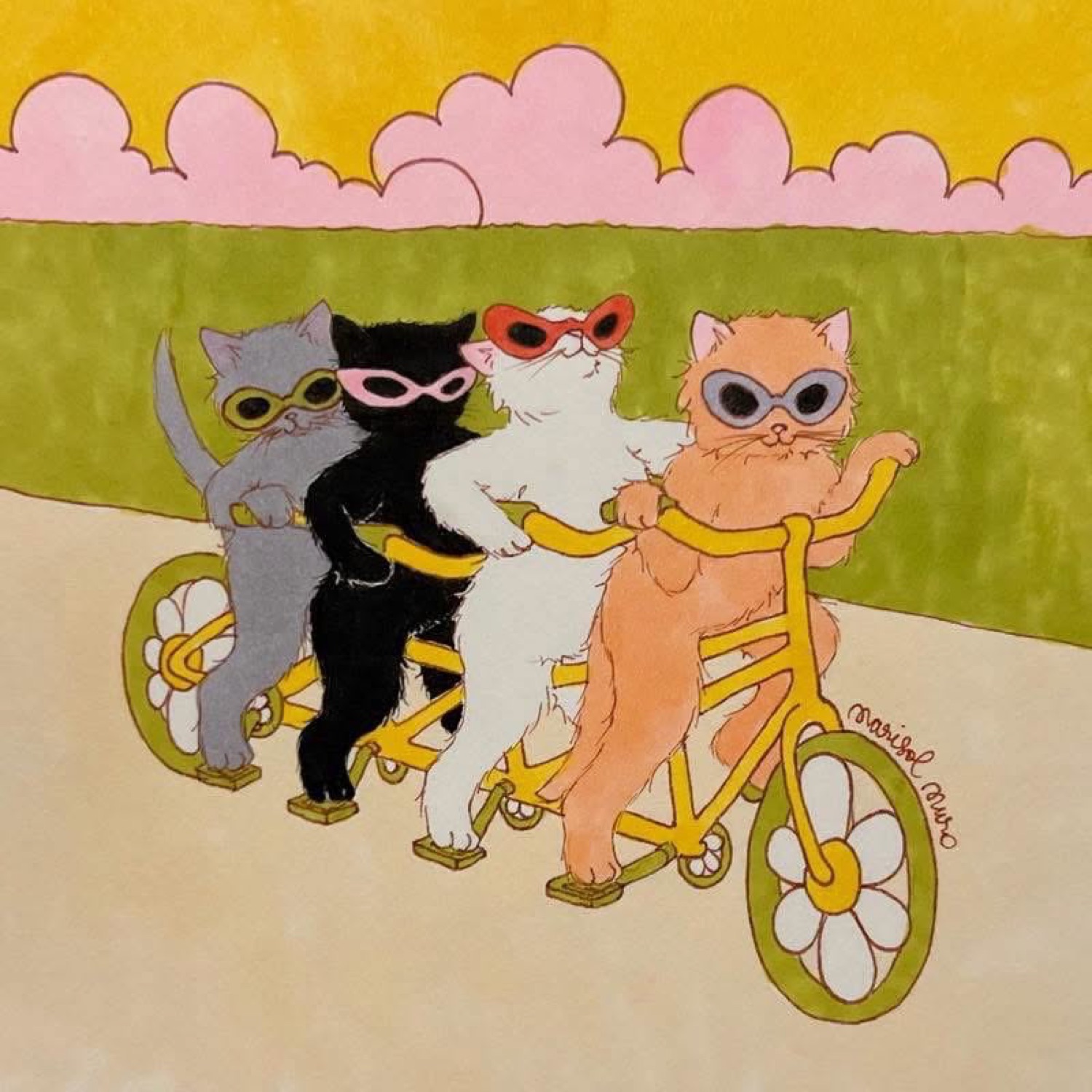 Four cats in sunglasses riding a tandem bike together, illustration