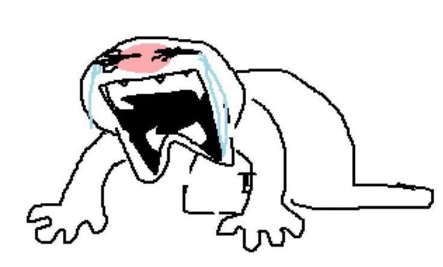 Crude white lizard doodle bawling with mouth wide open and tears streaming