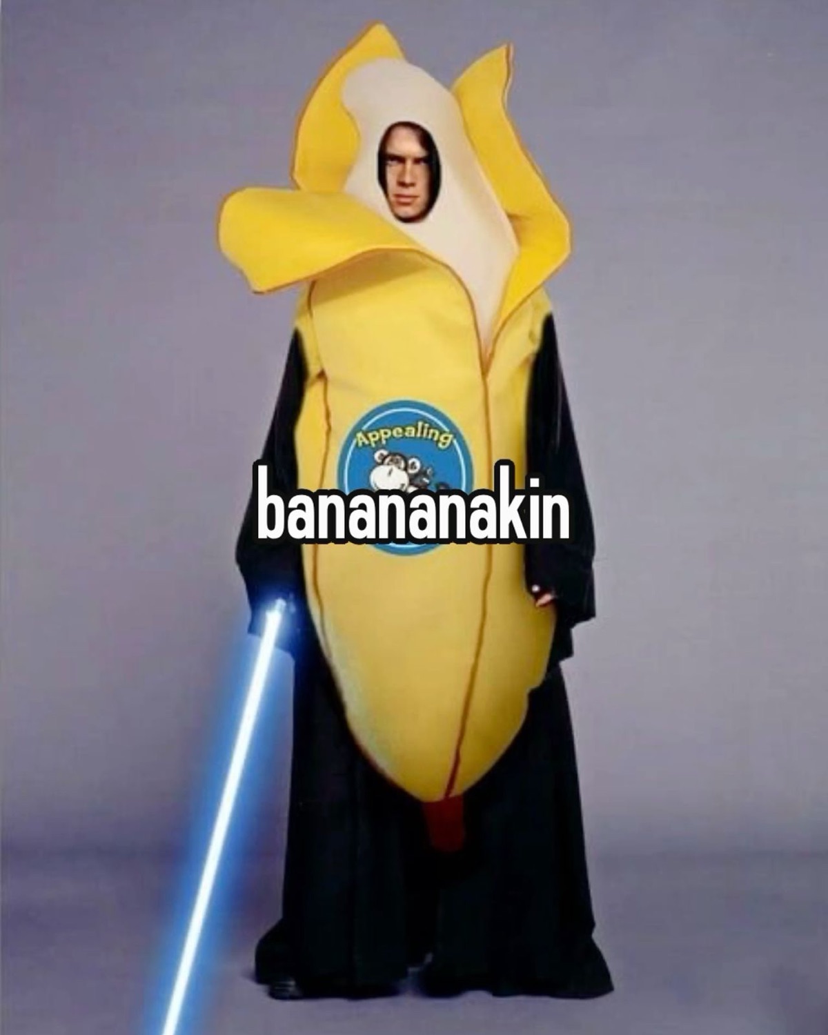 Anakin Skywalker in a banana costume holding a lightsaber under 'banananakin'