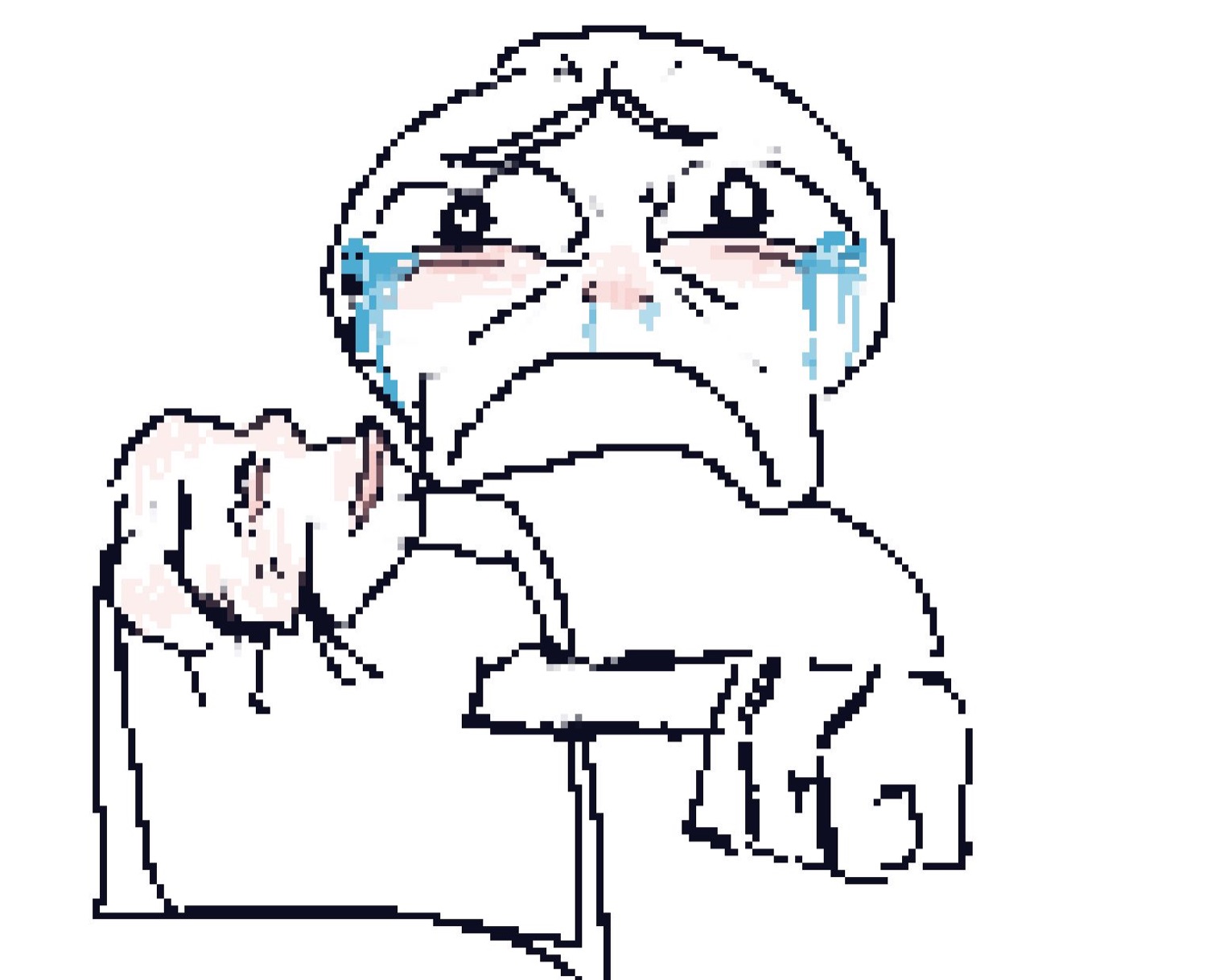 Pixelated cartoon character crying at a desk, tears streaming, totally defeated
