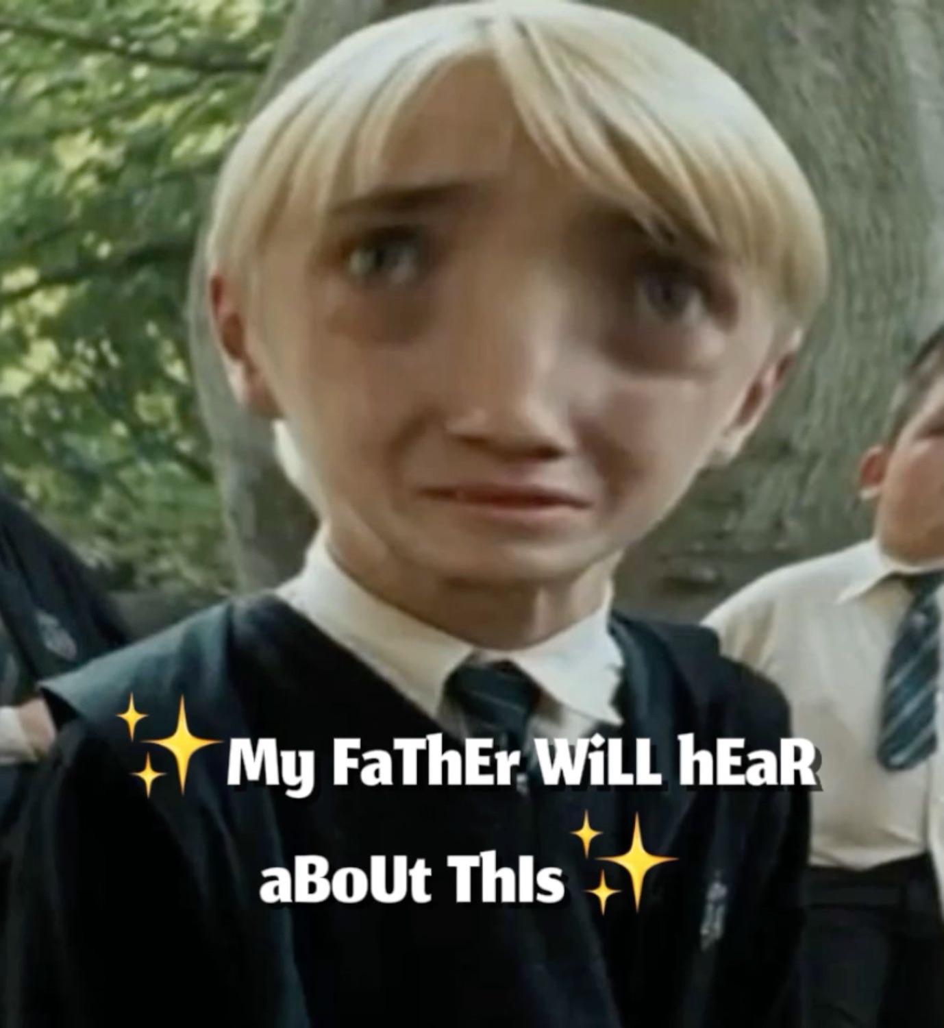 Malfoid, Draco Malfoy edited with a pouty feminine face, under '✨My FaThEr WiLL hEaR aBoUt ThIs✨'