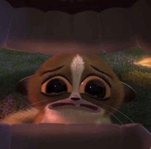 Big-eyed cartoon lemur peeking up with a trembling, teary, pleading face