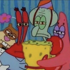 SpongeBob characters huddled together with tired, half-lidded bored expressions