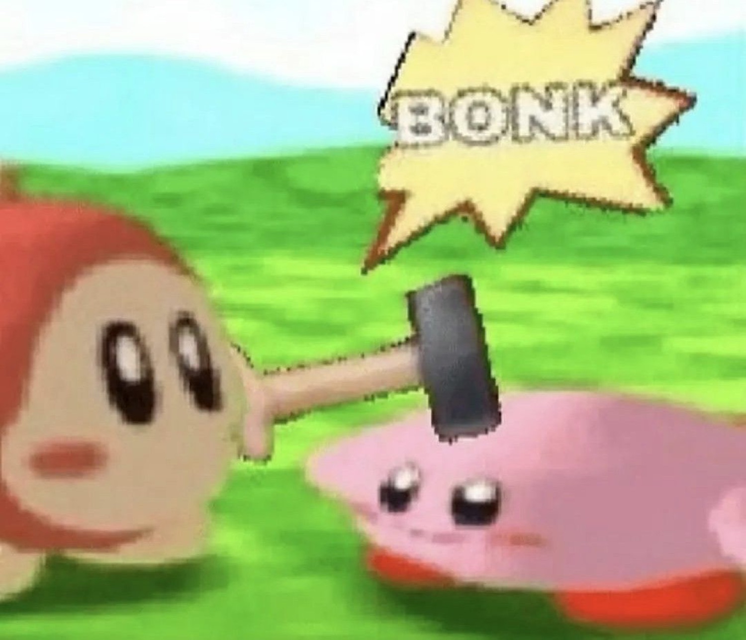 Waddle Dee bonking Kirby with a giant hammer