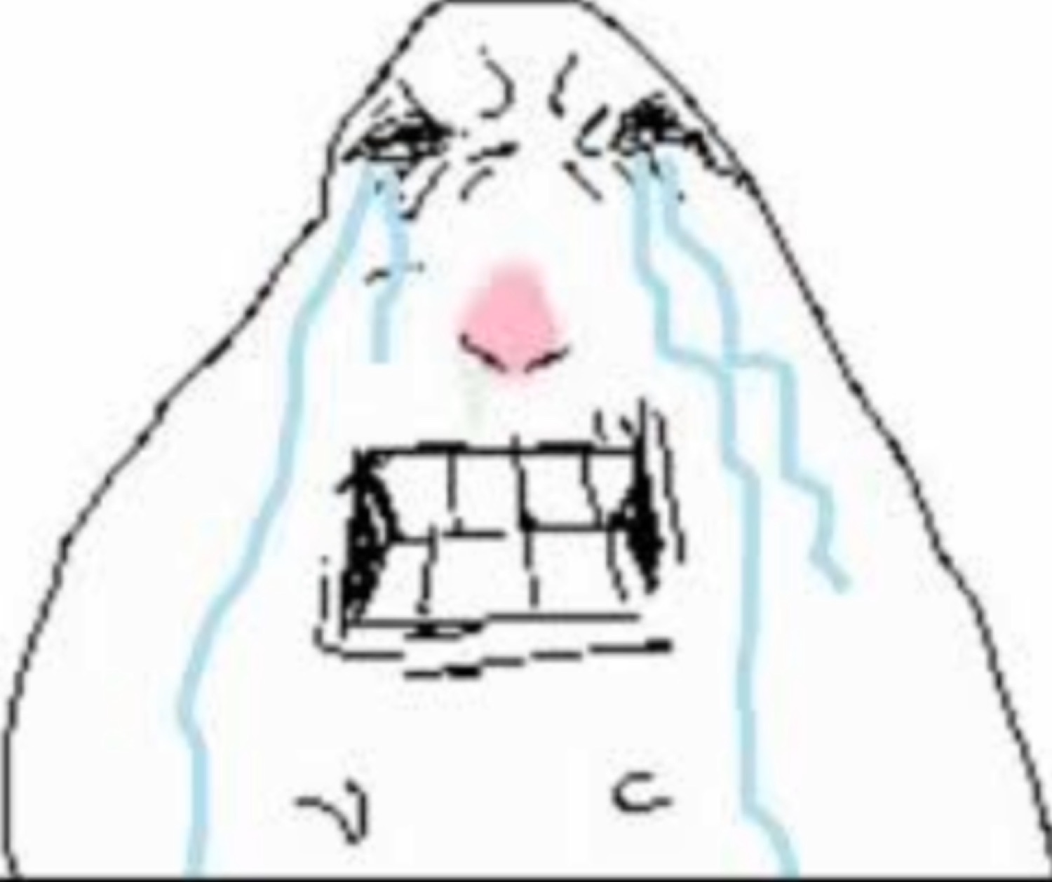 Crude blob doodle sobbing hard with clenched teeth and streaming tears