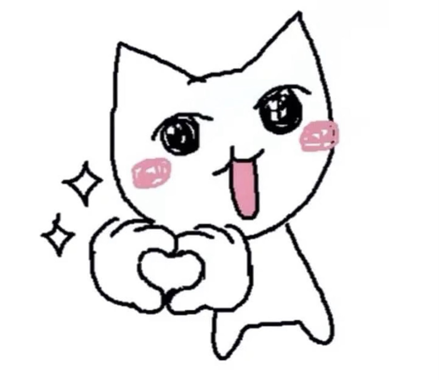 Doodle cat making a heart with its paws, blushing with sparkles