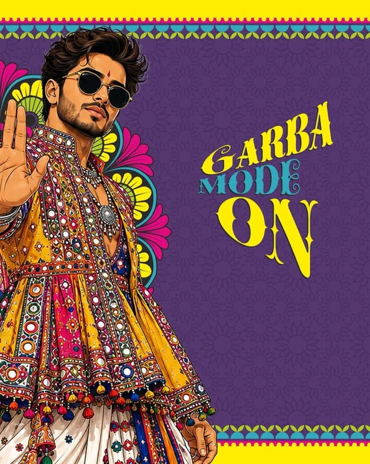 Illustrated man in sunglasses and festive dress: 'GARBA MODE ON'