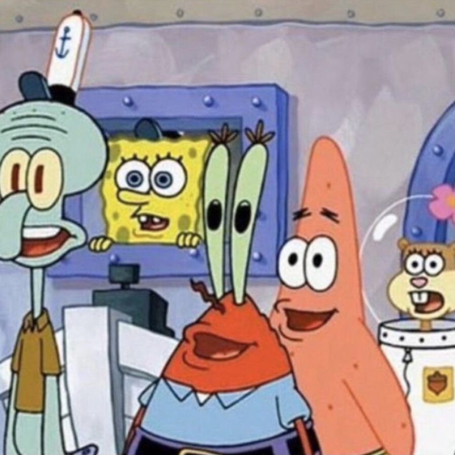 SpongeBob crew all grinning at once - Squidward, SpongeBob, Mr. Krabs, Patrick, and Sandy
