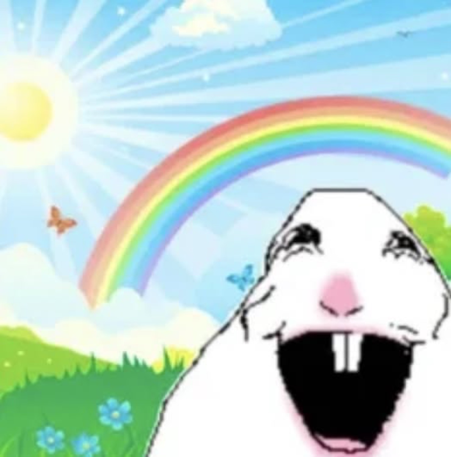 Rodent cartoon face laughing through tears in front of a sunny rainbow