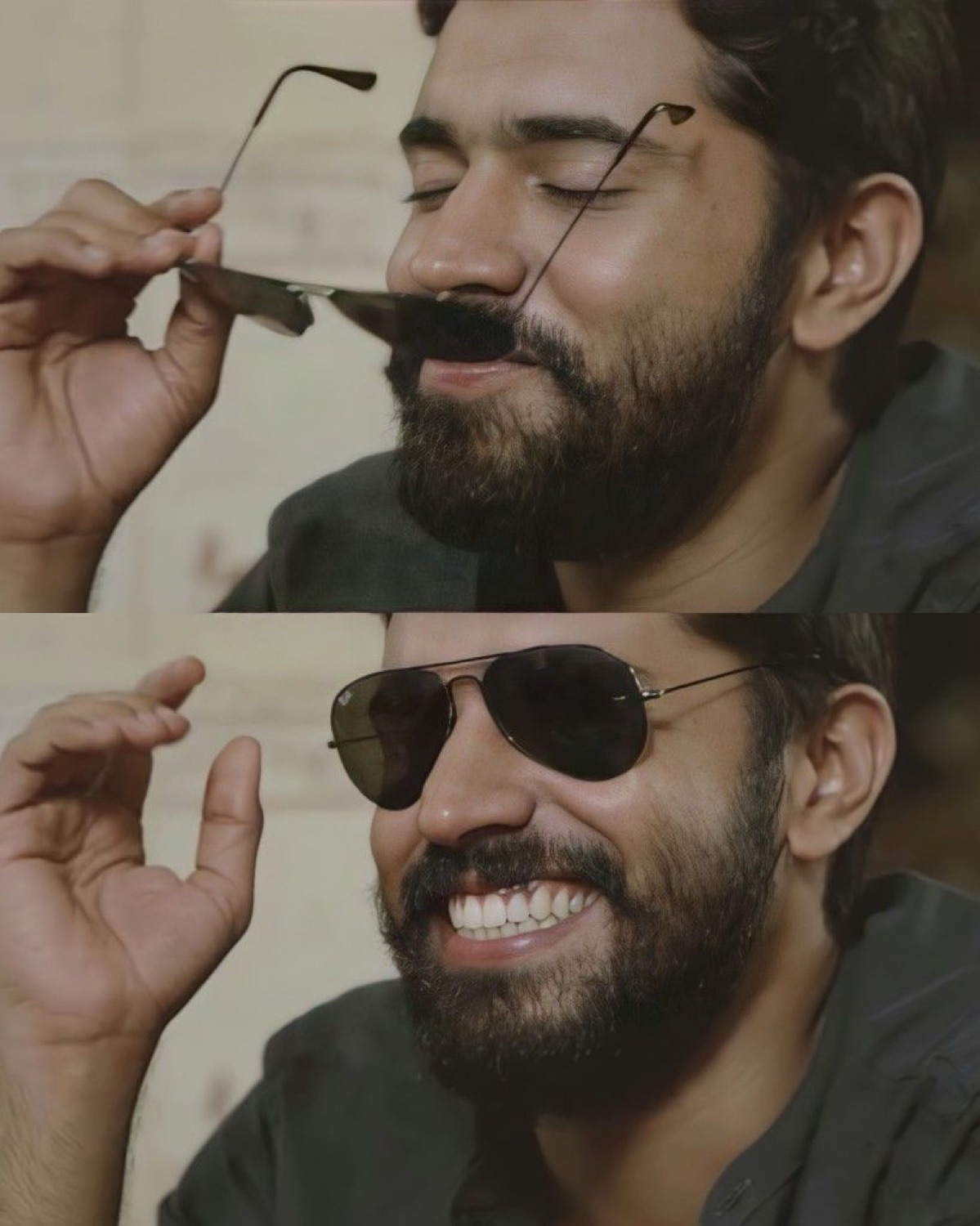 Nivin Pauly putting on sunglasses with a grin