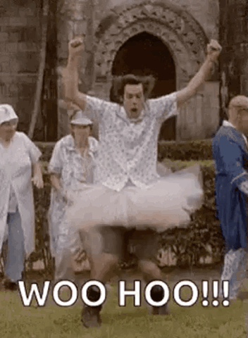 Man in a white tutu leaping in the air with joy, "Woo hoo!!!"