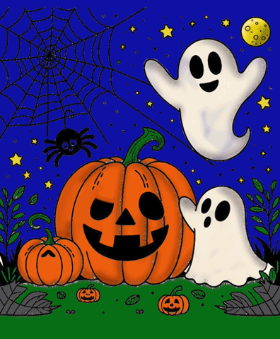 Cartoon ghosts floating around a jack-o-lantern at night