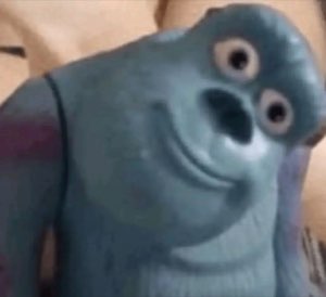 Cursed low-res Sulley figure with warped eyes and a creepy little smirk