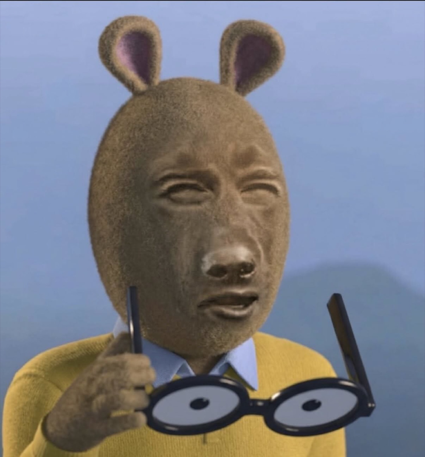 Arthur the aardvark with a real man's grimacing face edited on, holding his glasses