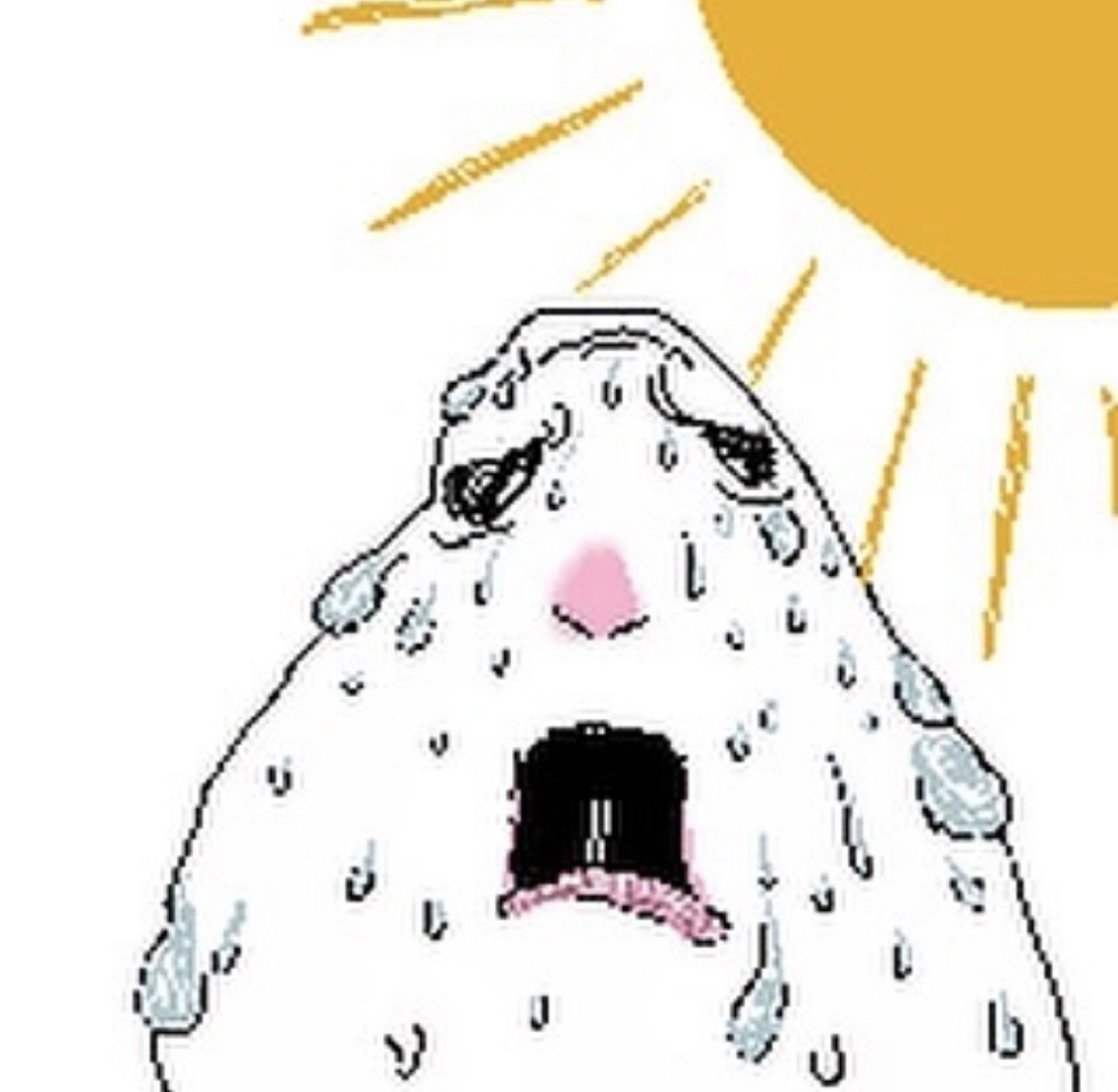 Round cartoon blob character sweating and crying under a blazing hot sun