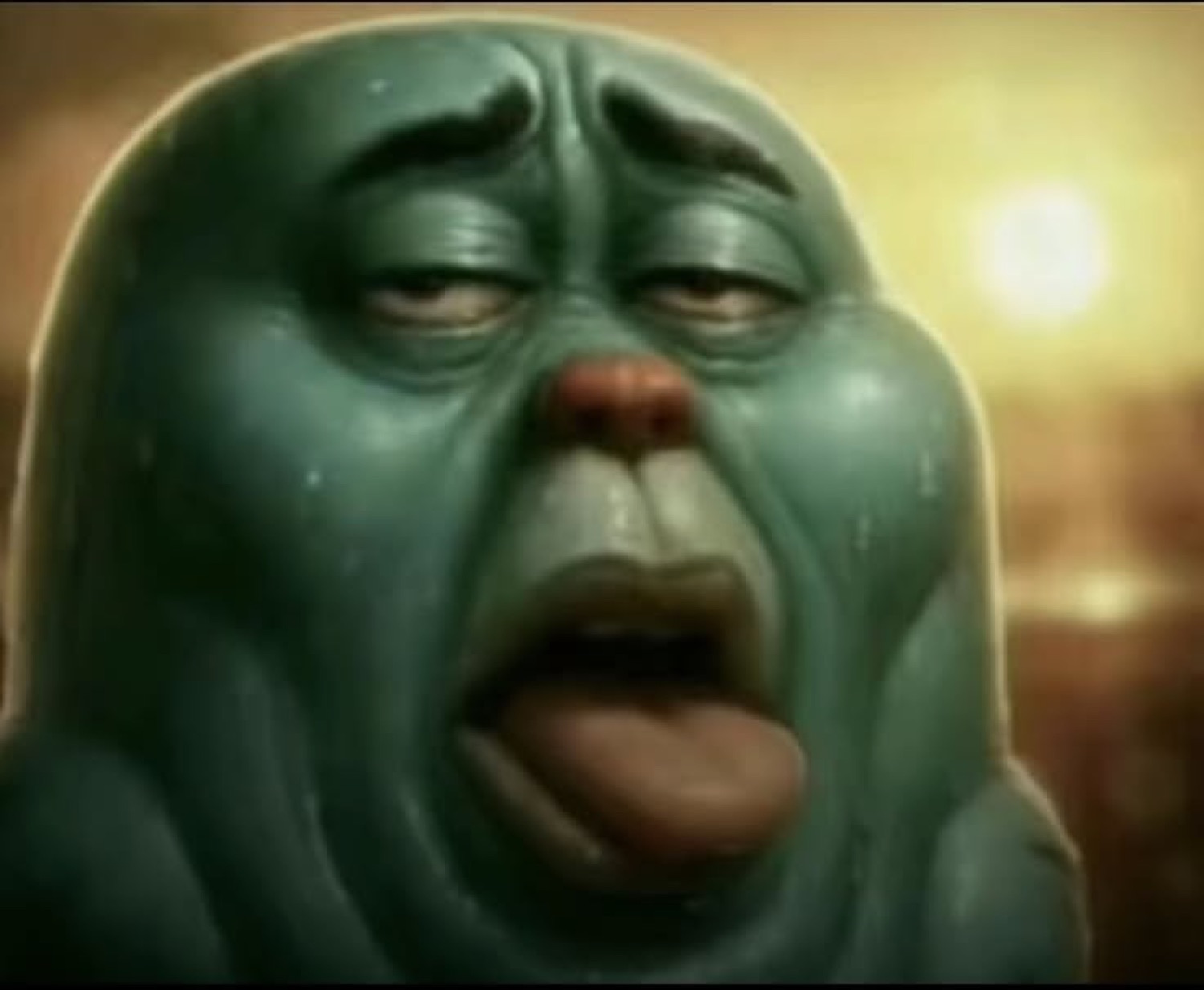Realistic Squidward render looking utterly wrecked with his tongue lolling out
