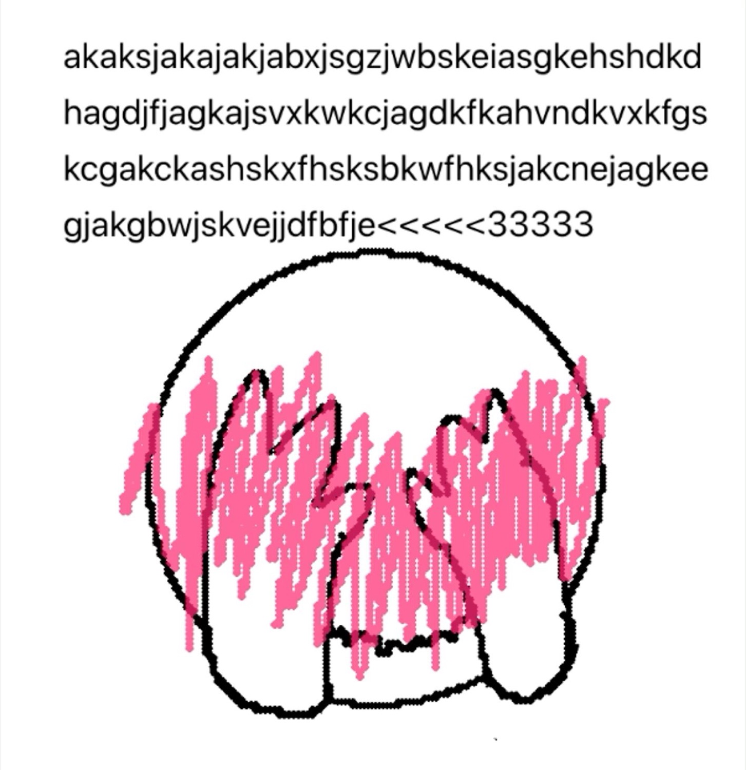 Cartoon figure covering its blushing face with hands under a wall of random keyboard mashing text