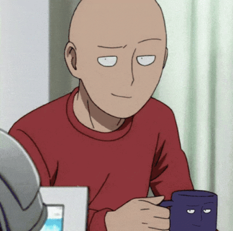 Saitama from One Punch Man sipping from a mug with a blank expression