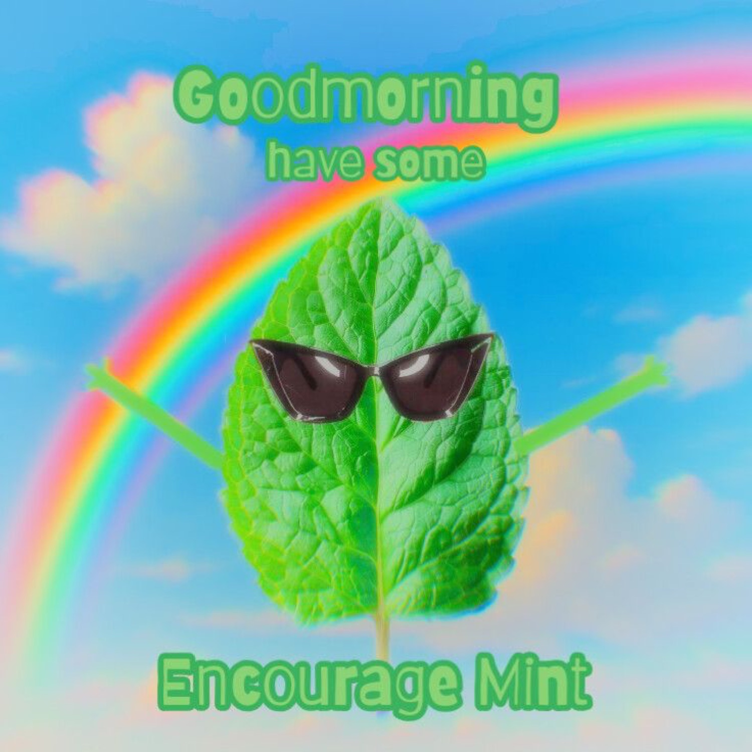 Mint leaf in sunglasses under a rainbow: 'Goodmorning have some Encourage Mint'
