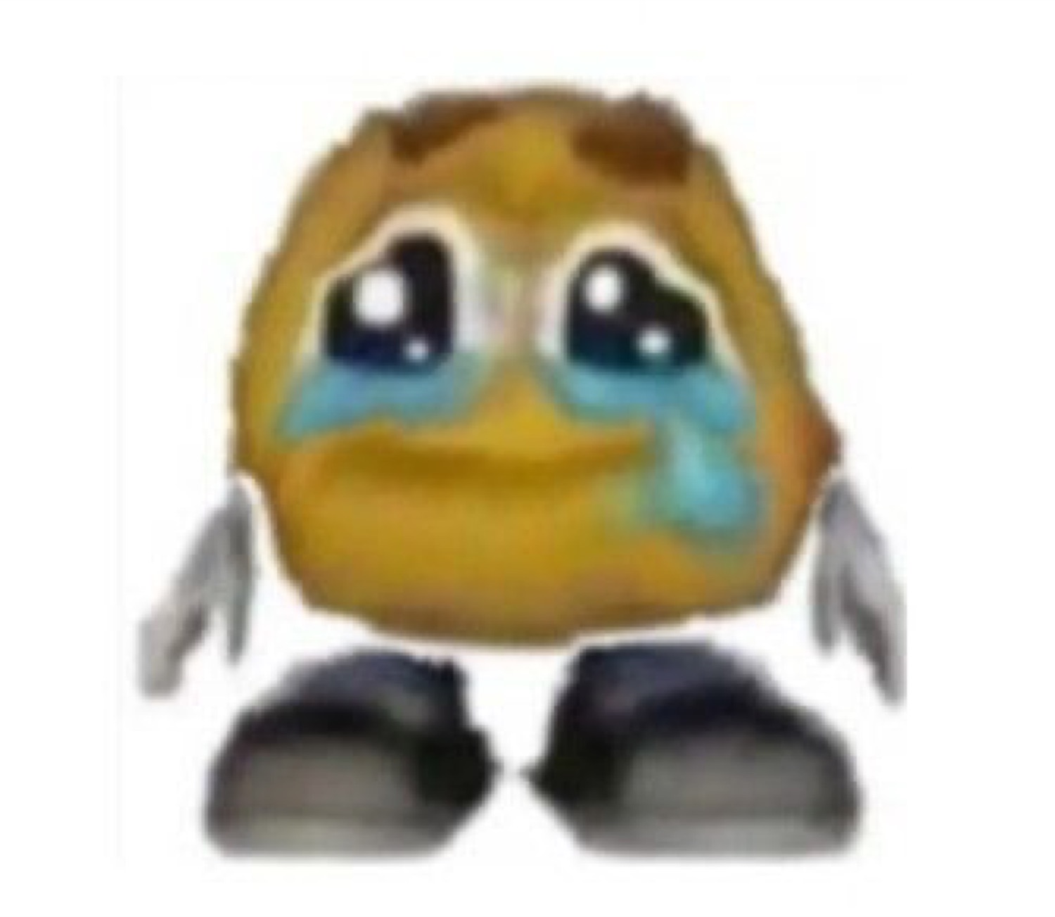 Cursed yellow emoji sobbing with glossy eyes and tiny dangling arms