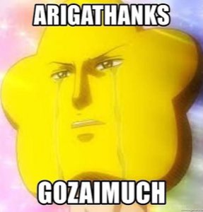 Anime face crying dramatically on a yellow star shape with text 'ARIGATHANKS GOZAIMUCH'