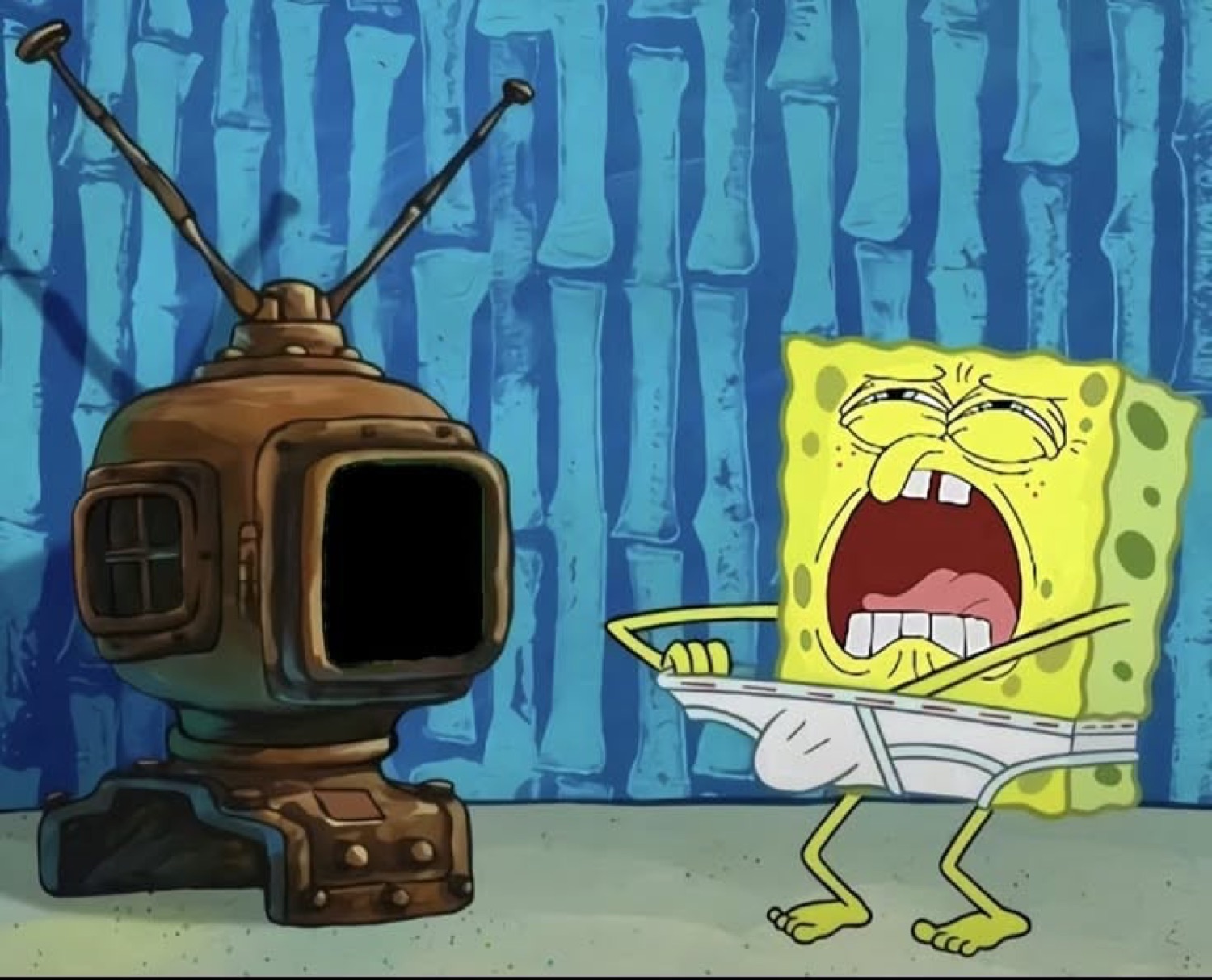 SpongeBob wailing dramatically beside an old TV set with a blank black screen
