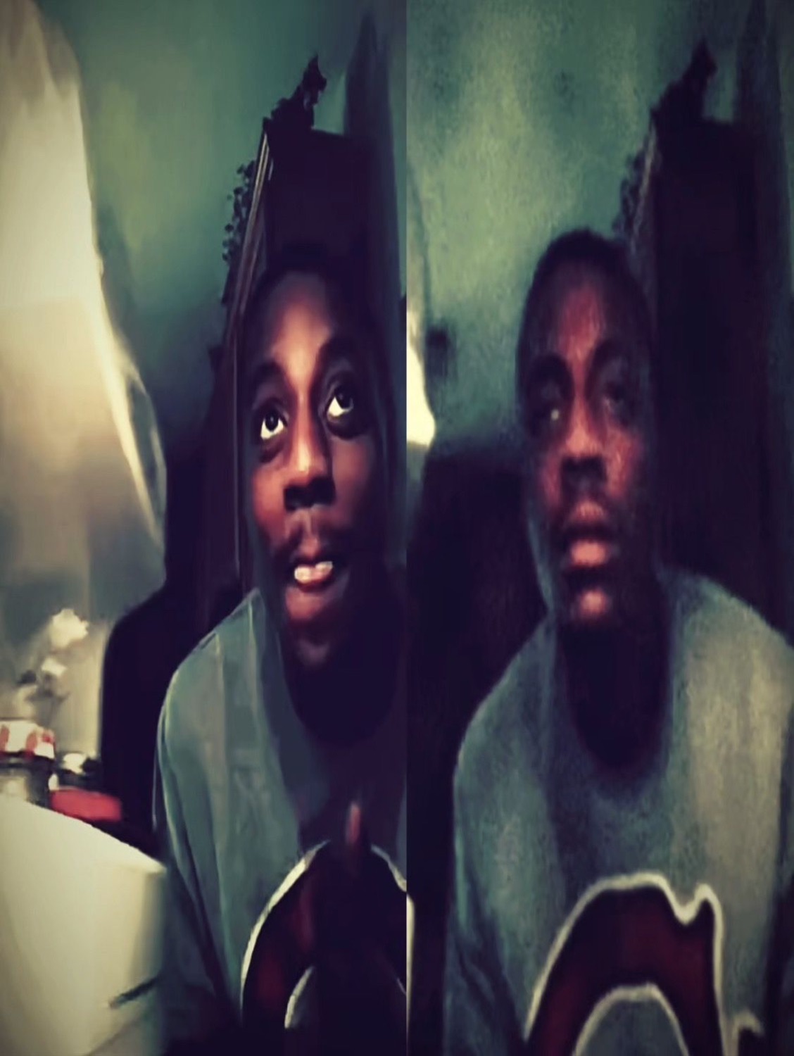 Grainy two-panel of a young person looking up with a tense, uneasy expression