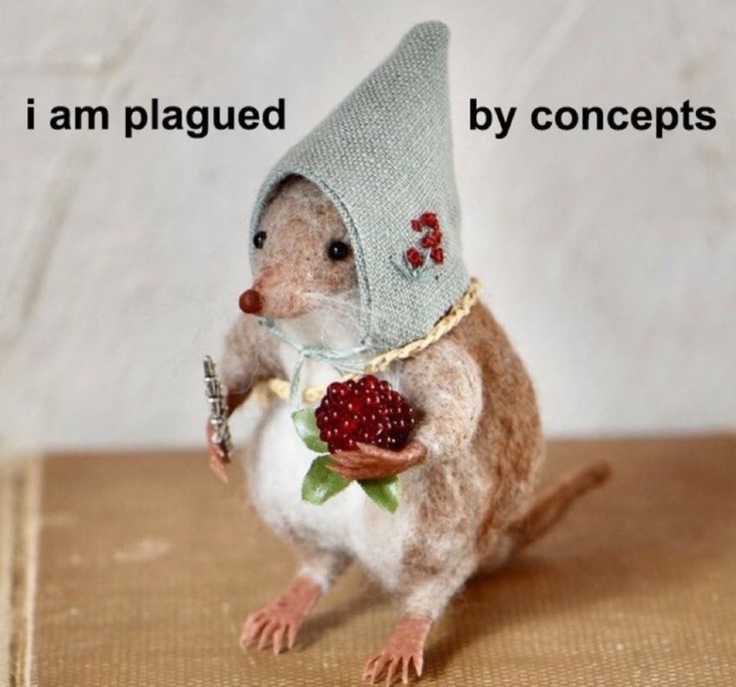 Tiny felted mole figurine in a pointy hat captioned 'i am plagued by concepts'