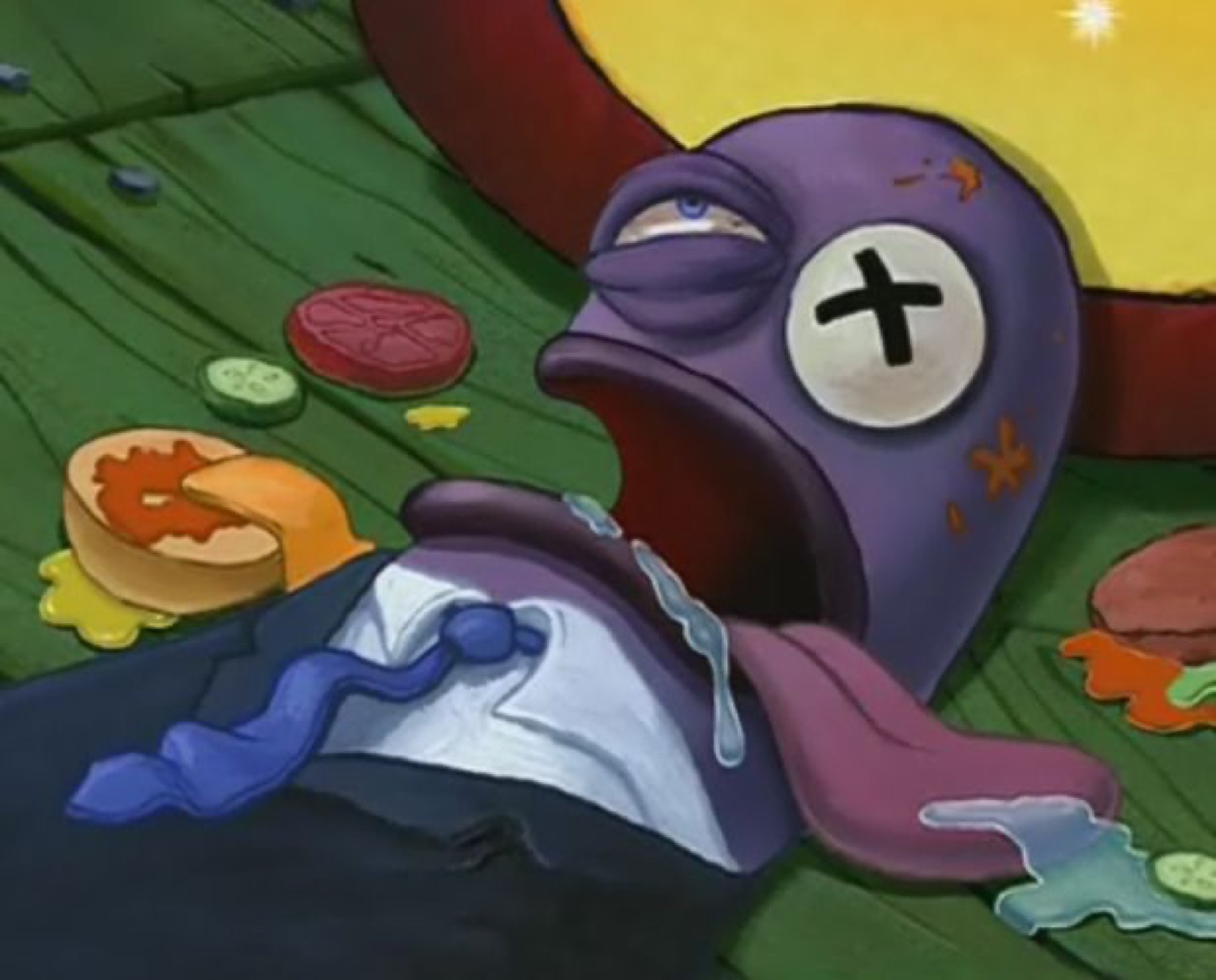 Cartoon character collapsed on the floor with an X eye, drooling among spilled food