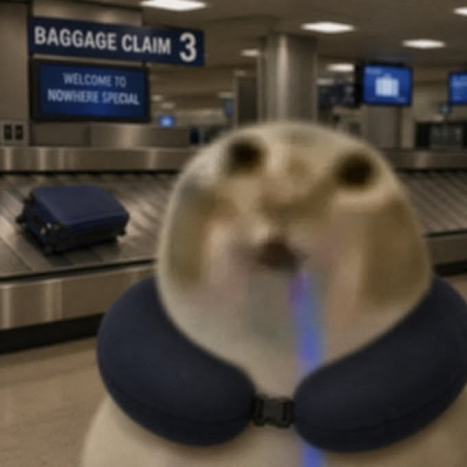 Blurry fuzzy animal in a neck pillow drooling at baggage claim