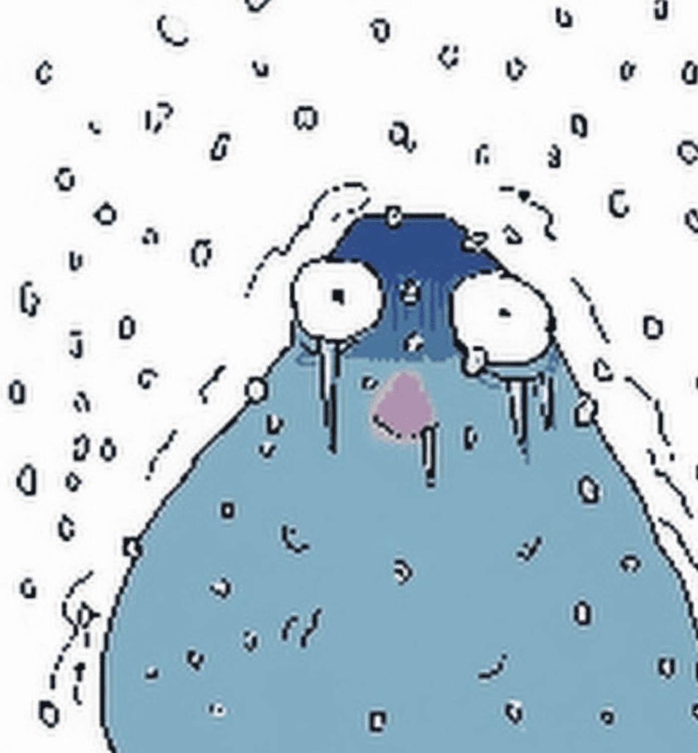 Pixel-art sad blob creature with tear-filled eyes and a tiny pink nose, soaked in rain
