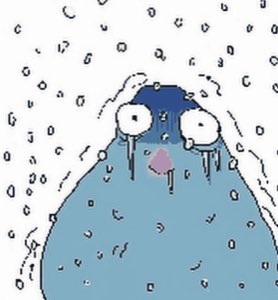 Pixel-art sad blob creature with tear-filled eyes and a tiny pink nose, soaked in rain