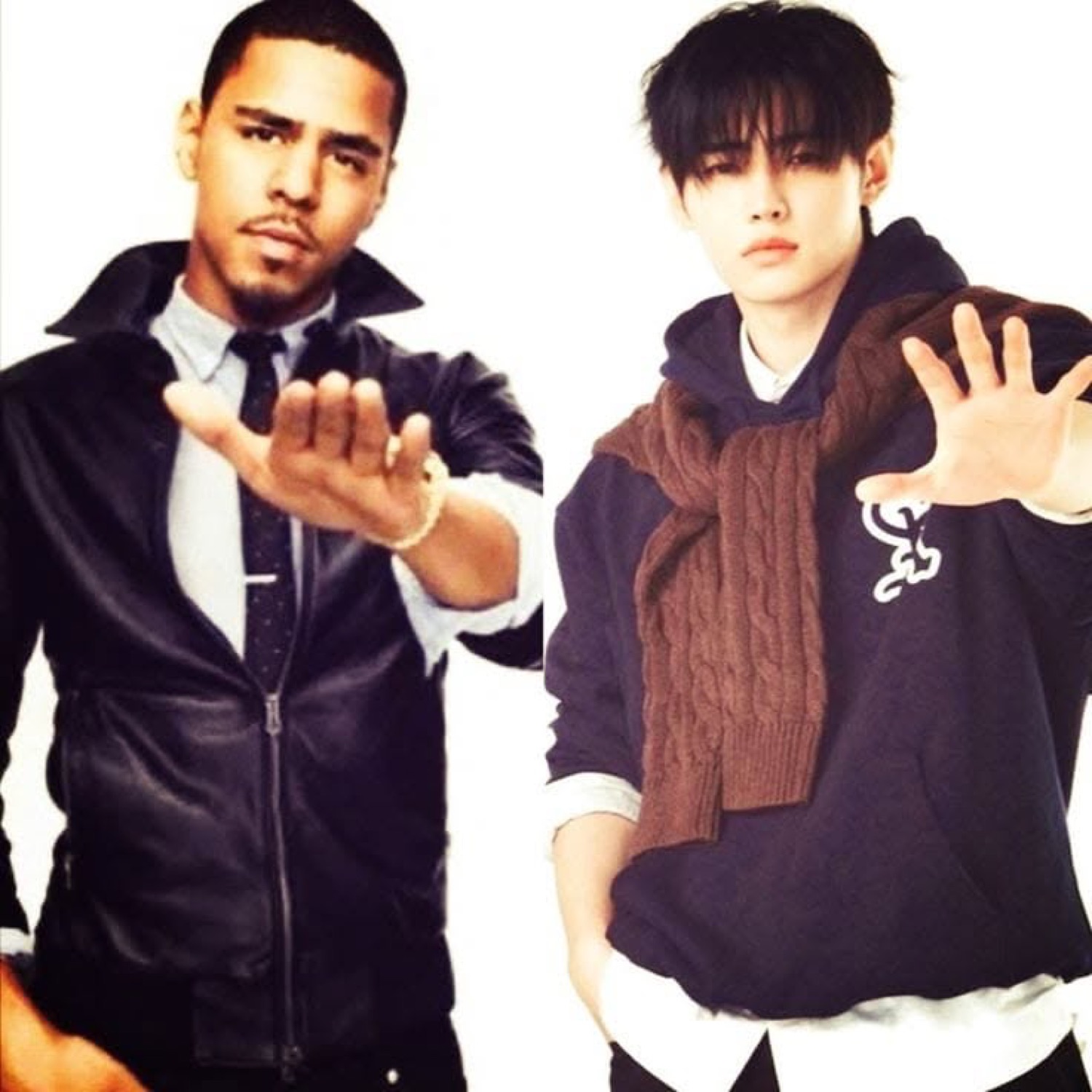 Side-by-side of two guys both holding a flat palm straight out at the camera