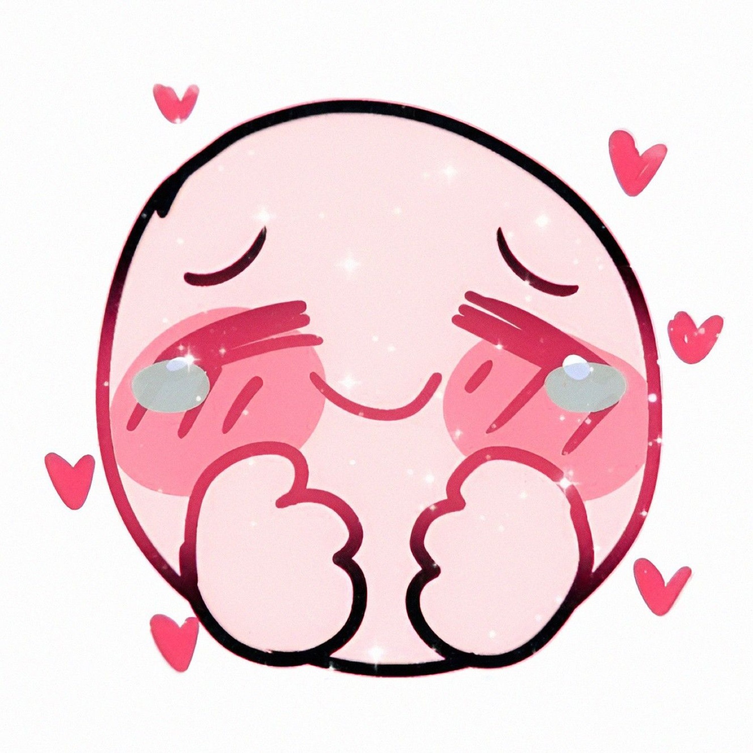 Pink blob cartoon blushing with happy tears and paws tucked under its chin, hearts everywhere