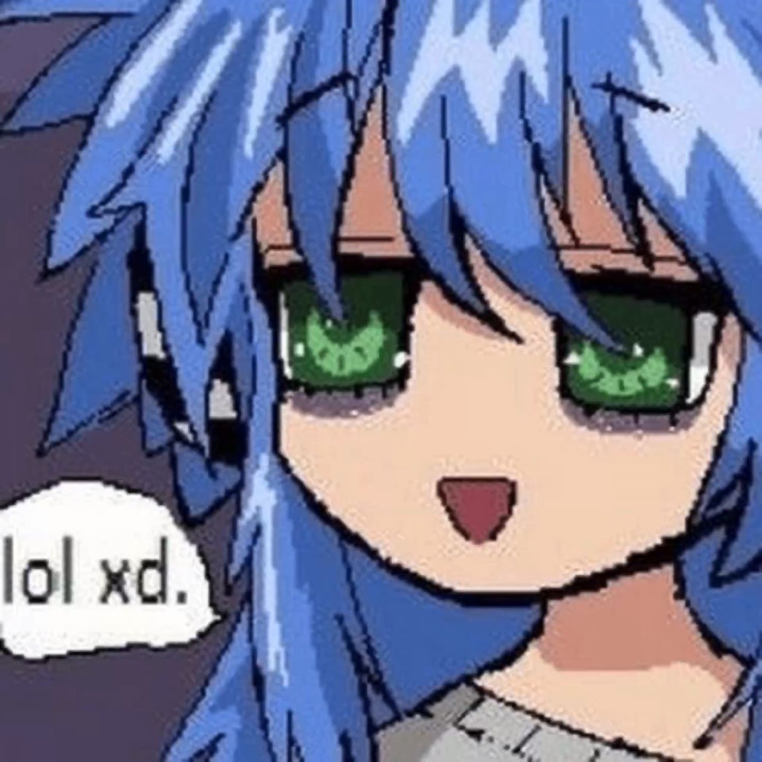 Pixelated blue-haired anime girl grinning with a speech bubble 'lol xd.'
