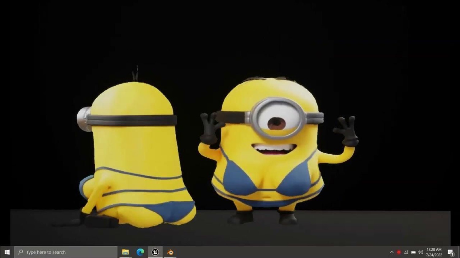 Two Minions dancing on a dark stage