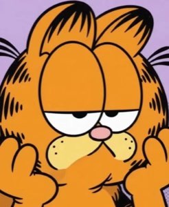 Garfield staring dead-eyed with both paws raised, radiating maximum boredom