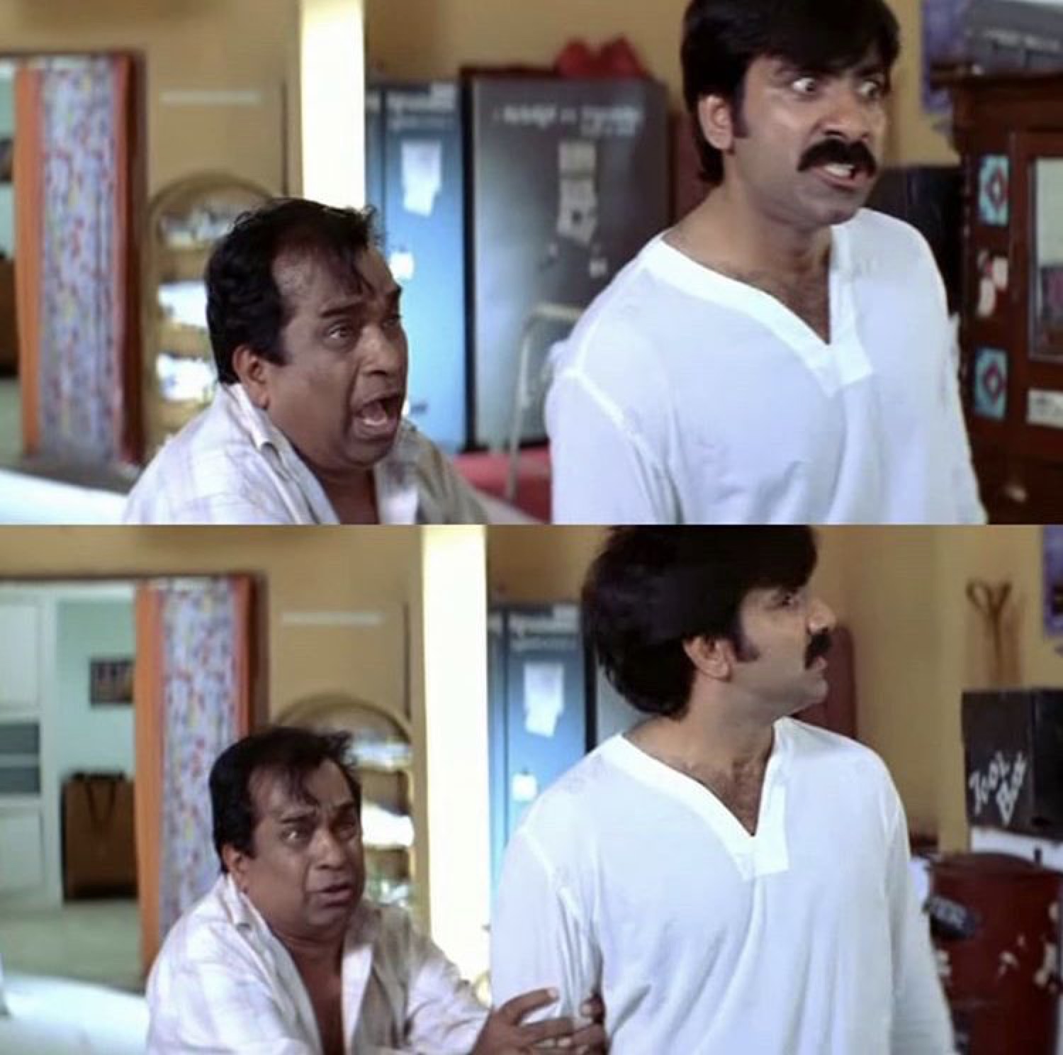 Brahmanandam gaping in shock at Ravi Teja in two panels