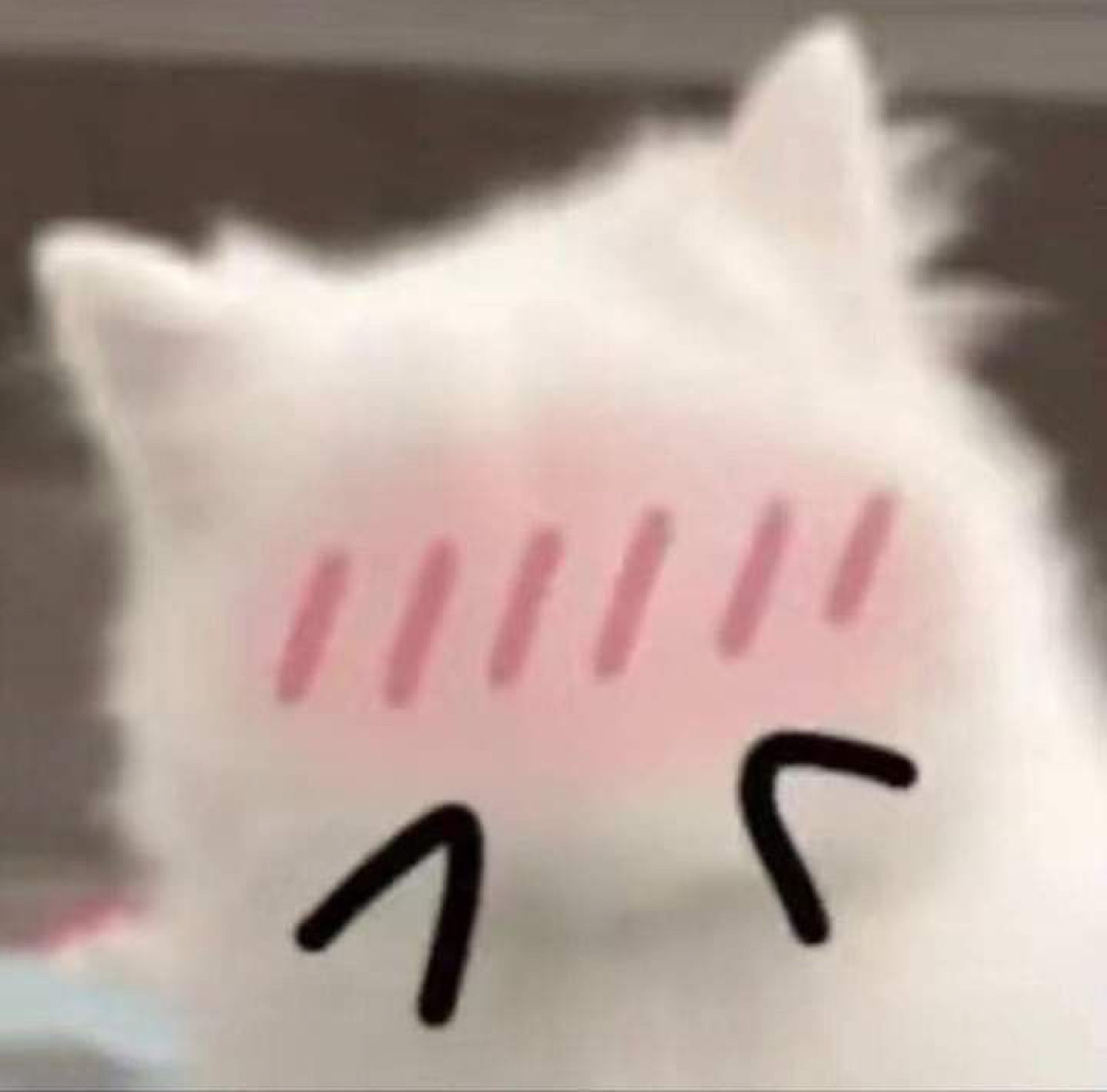 Fluffy white cat with drawn-on blush lines and squished happy eyes
