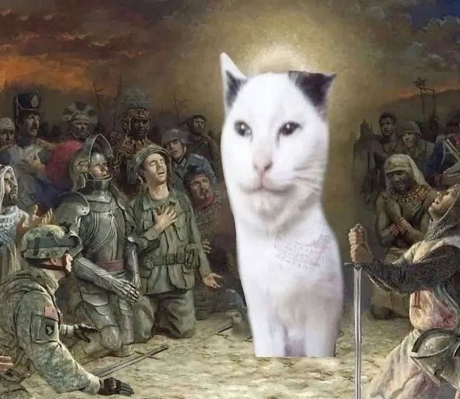 White cat with a halo standing smugly in the middle of a classical battle painting