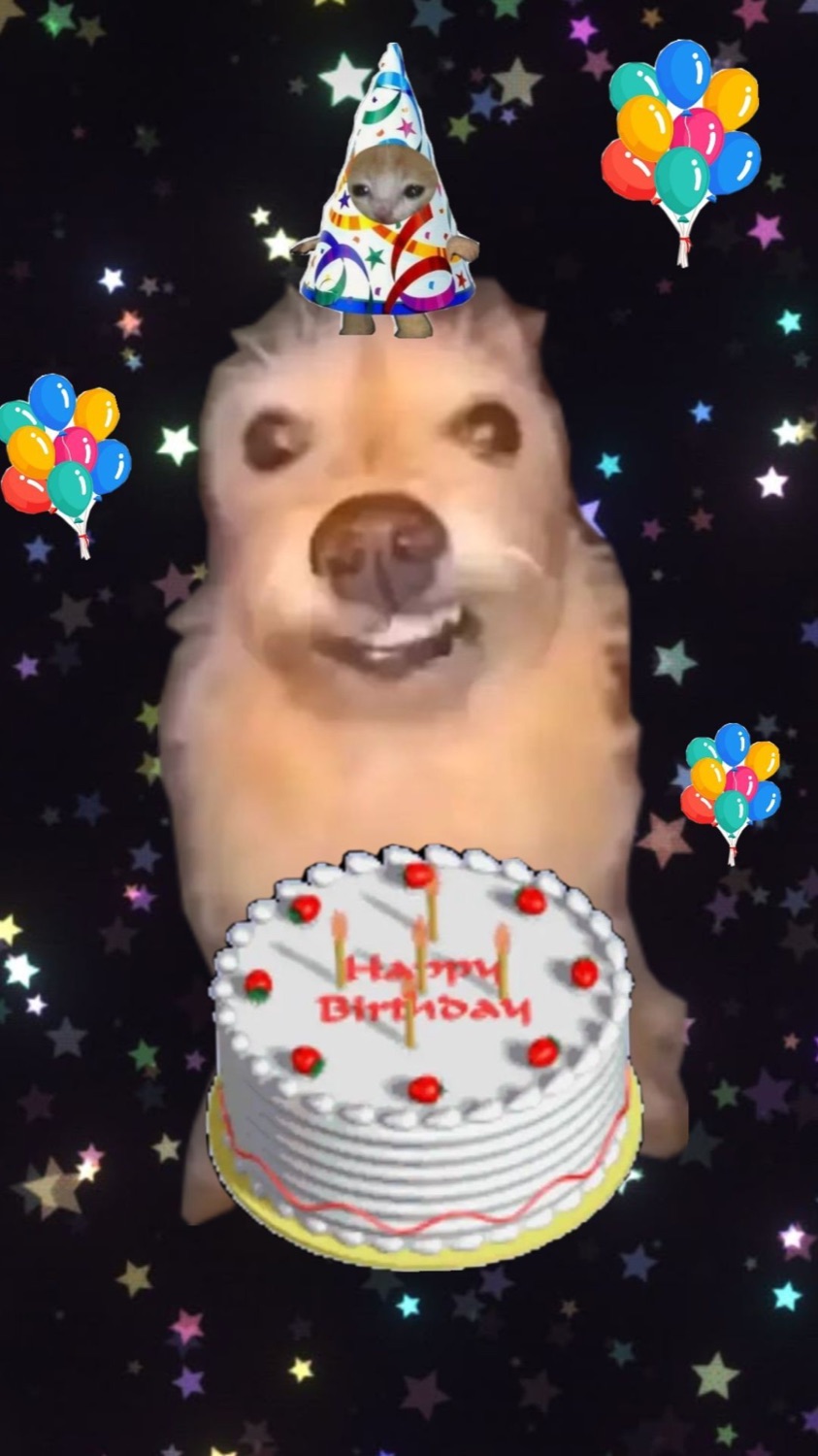 Grinning dog in a party hat floating in a starry sky with a birthday cake and balloons
