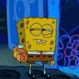SpongeBob squinting suspiciously while carrying a box
