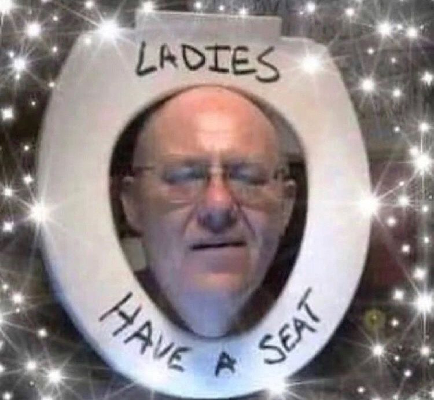 Old man's face in a toilet seat: 'LADIES HAVE A SEAT'