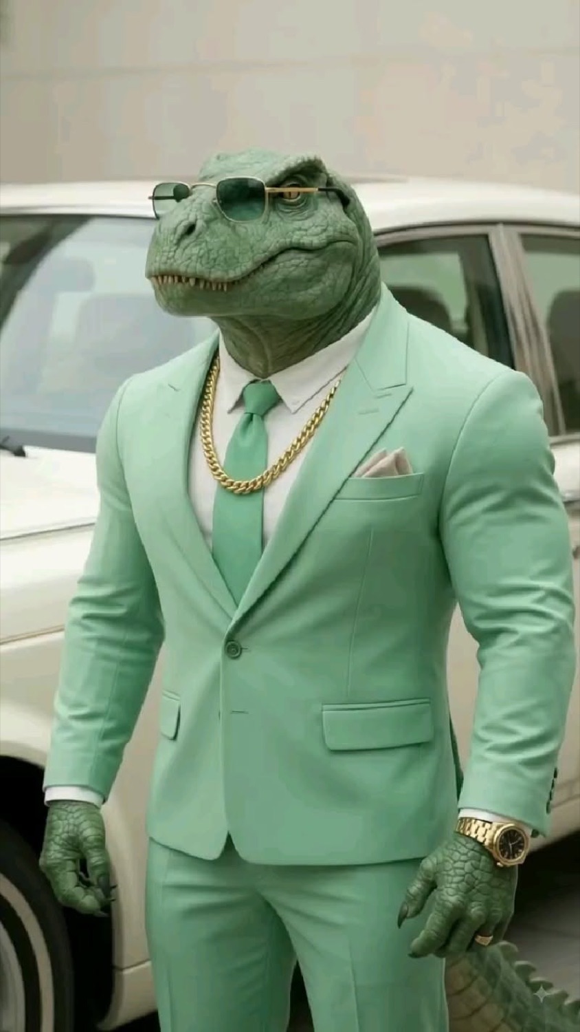 Muscular crocodile man in a mint suit and gold chain posing by a car
