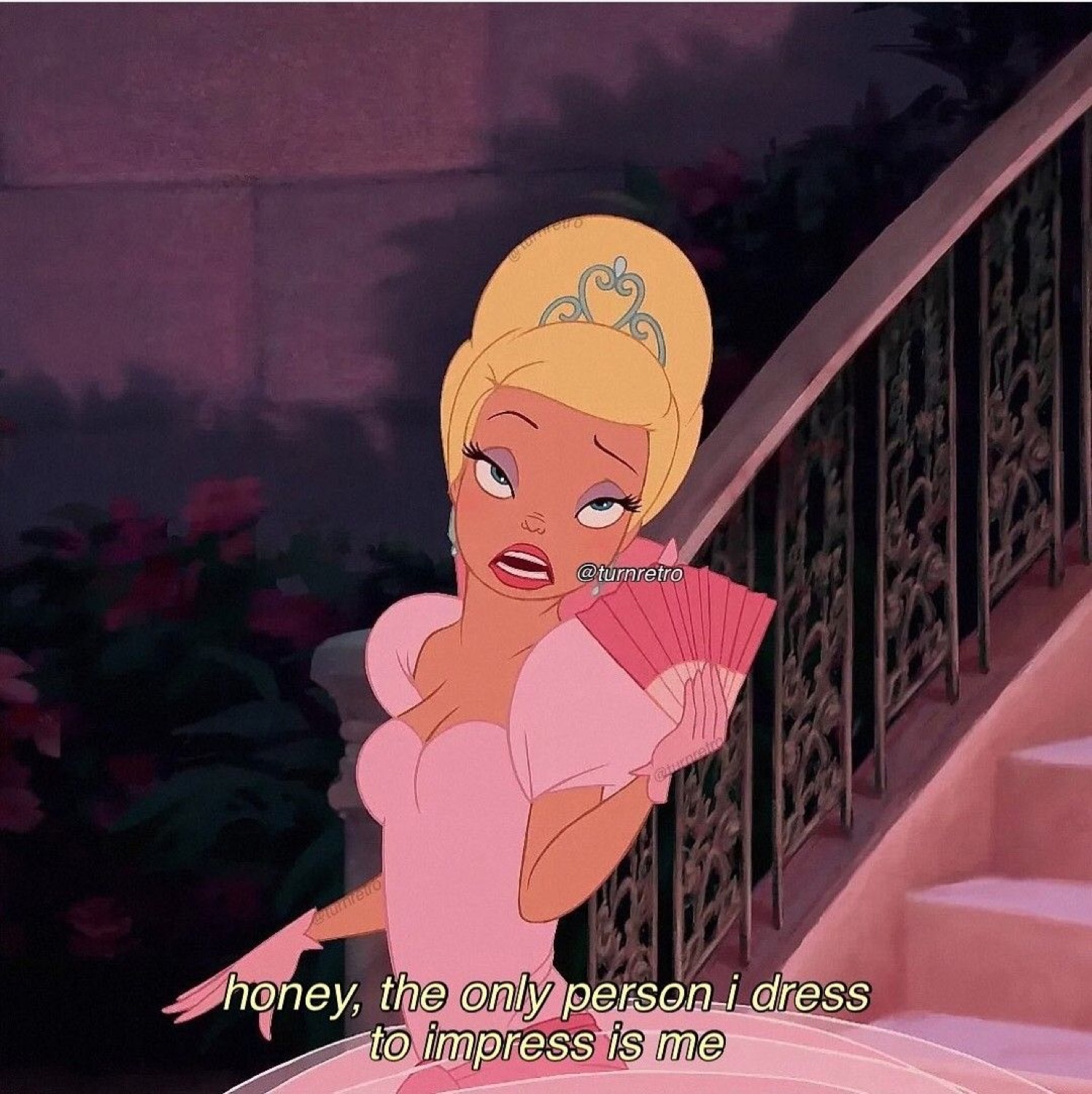 Charlotte from Princess and the Frog with a fan: 'honey, the only person i dress to impress is me'
