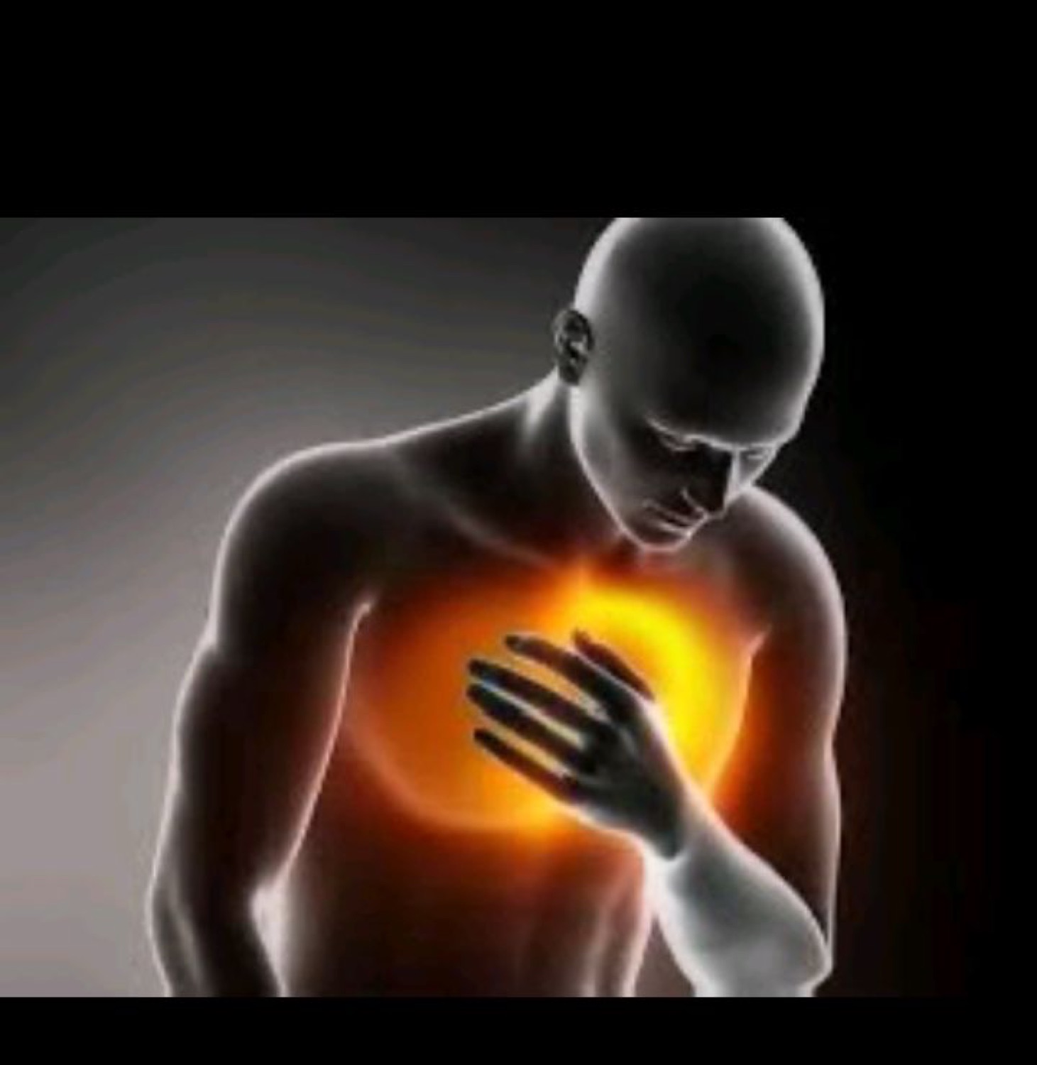 Glowing 3D figure clutching its chest in pain over a glowing red heart area