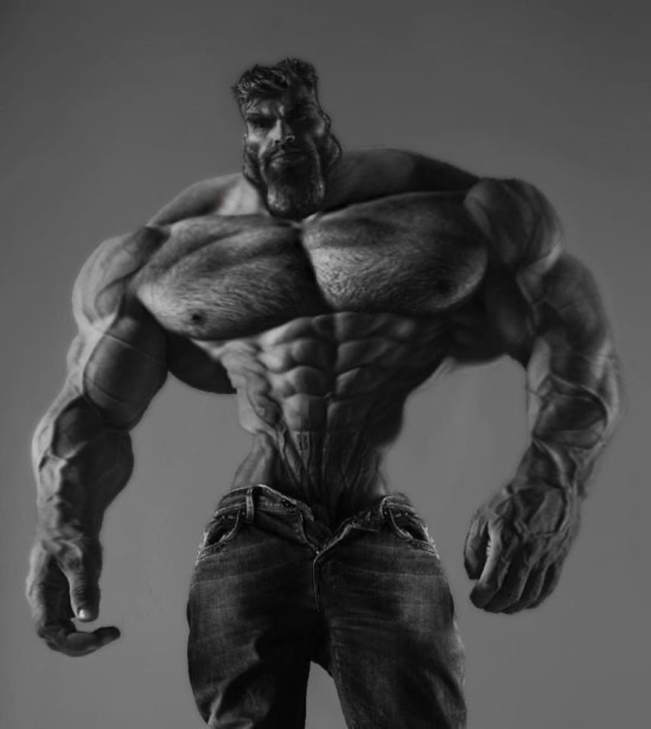 Full-body hulking Gigachad in jeans
