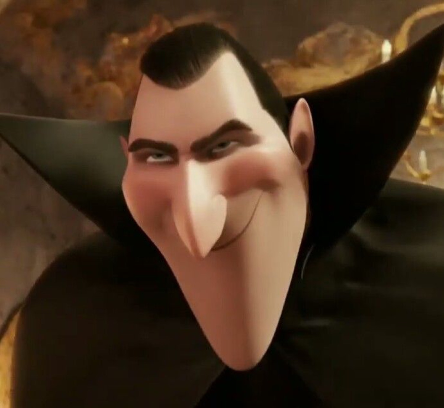 Hotel Transylvania Dracula with a sly sideways smirk